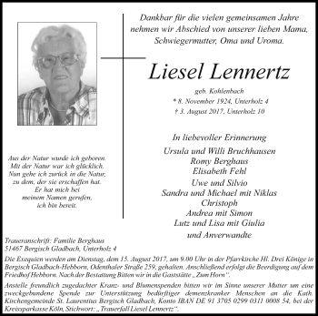 Anzeige von Liesel Lennertz von Kölner Stadt-Anzeiger / Kölnische Rundschau / Express