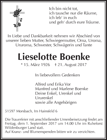 Anzeige von Lieselotte Boenke von  Lokalanzeiger 