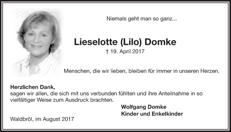  Traueranzeige für Lieselotte Domke vom 02.08.2017 aus  Lokalanzeiger 