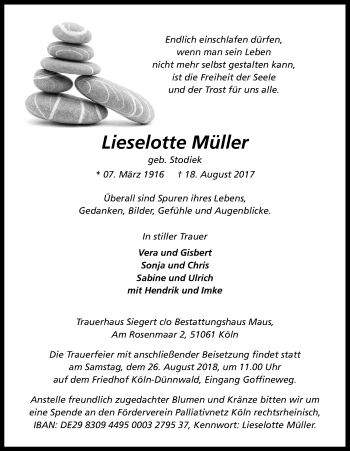 Anzeige von Lieselotte Müller von Kölner Stadt-Anzeiger / Kölnische Rundschau / Express
