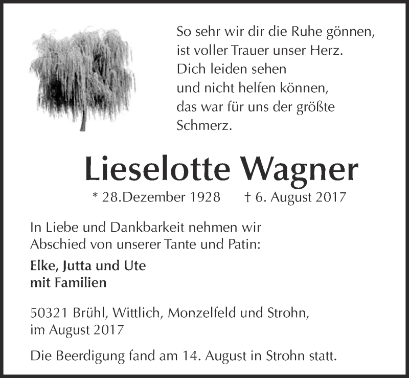  Traueranzeige für Lieselotte Wagner vom 16.08.2017 aus  Schlossbote/Werbekurier 