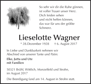 Anzeige von Lieselotte Wagner von  Schlossbote/Werbekurier 