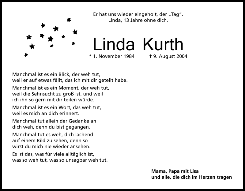  Traueranzeige für Linda Kurth vom 09.08.2017 aus Kölner Stadt-Anzeiger / Kölnische Rundschau / Express