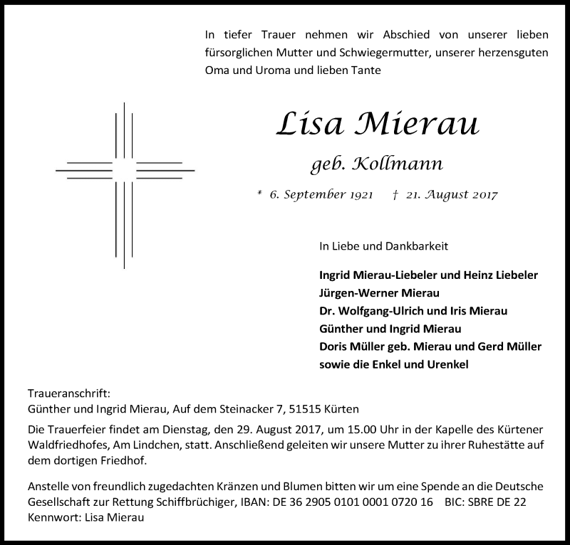  Traueranzeige für Lisa Mierau vom 26.08.2017 aus Kölner Stadt-Anzeiger / Kölnische Rundschau / Express