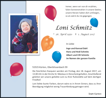 Anzeige von Loni Schmitz von Kölner Stadt-Anzeiger / Kölnische Rundschau / Express