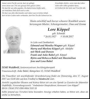 Anzeige von Lore Köppel von Kölner Stadt-Anzeiger / Kölnische Rundschau / Express