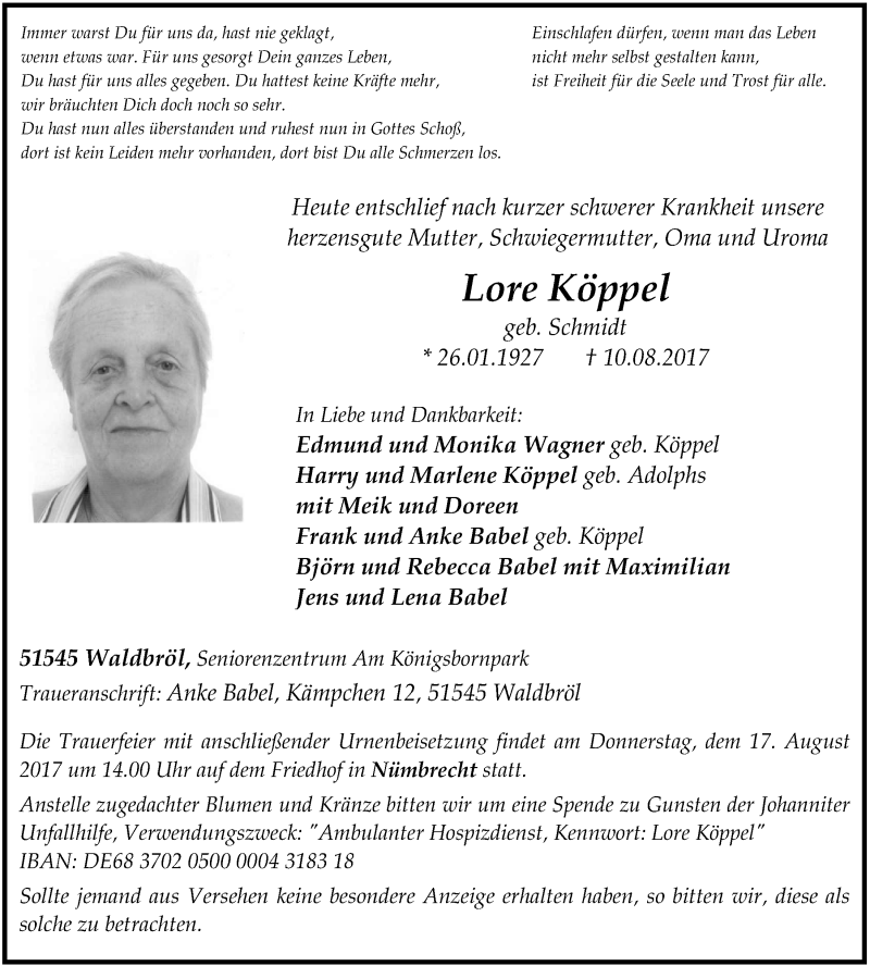  Traueranzeige für Lore Köppel vom 16.08.2017 aus  Lokalanzeiger 