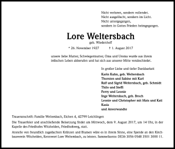 Anzeige von Lore Weltersbach von Kölner Stadt-Anzeiger / Kölnische Rundschau / Express