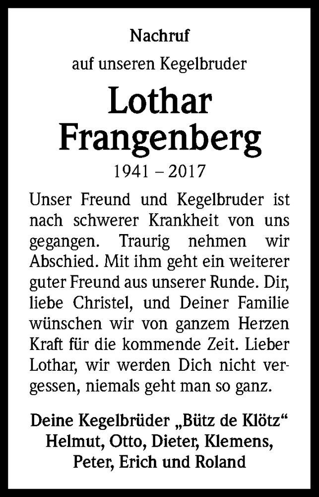  Traueranzeige für Lothar Frangenberg vom 16.08.2017 aus Kölner Stadt-Anzeiger / Kölnische Rundschau / Express