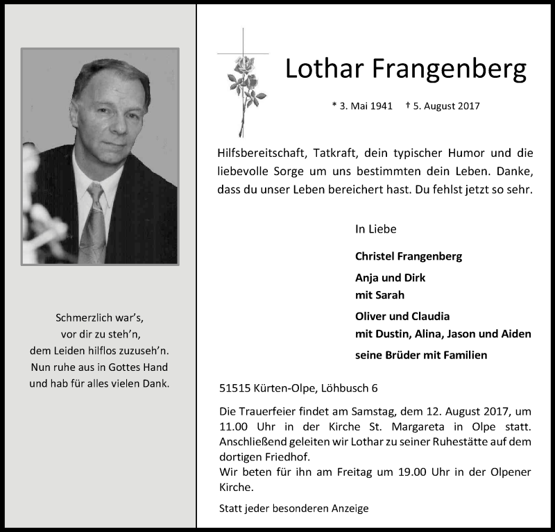  Traueranzeige für Lothar Frangenberg vom 09.08.2017 aus Kölner Stadt-Anzeiger / Kölnische Rundschau / Express