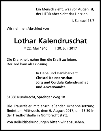 Anzeige von Lothar Kalendruschat von Kölner Stadt-Anzeiger / Kölnische Rundschau / Express