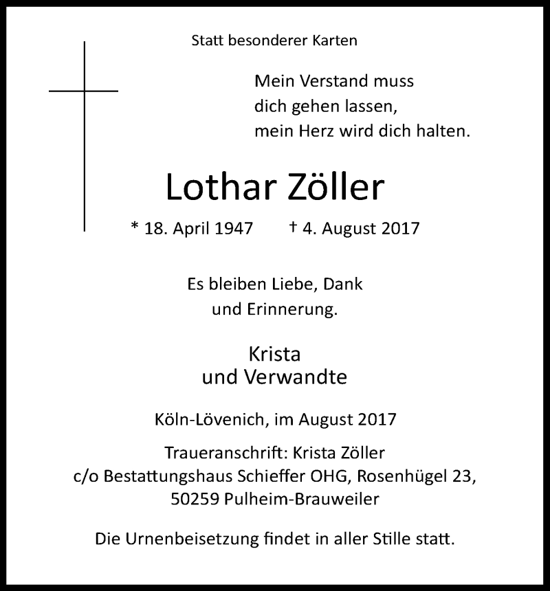  Traueranzeige für Lothar Zähler vom 12.08.2017 aus Kölner Stadt-Anzeiger / Kölnische Rundschau / Express