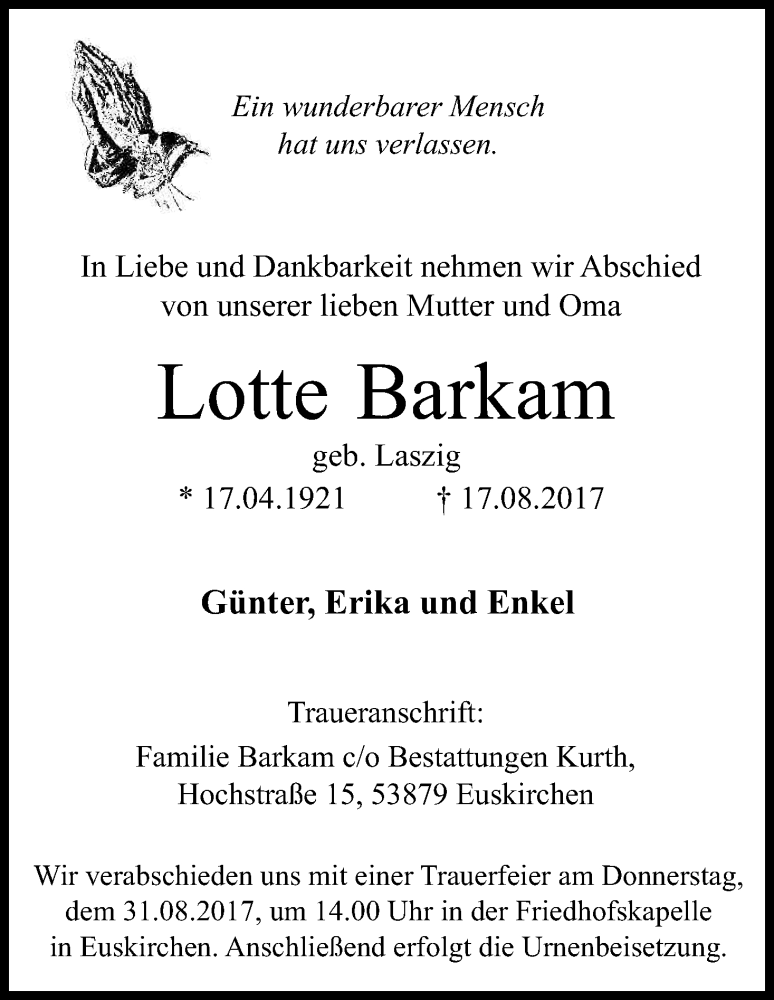  Traueranzeige für Lotte Barkam vom 26.08.2017 aus Kölner Stadt-Anzeiger / Kölnische Rundschau / Express