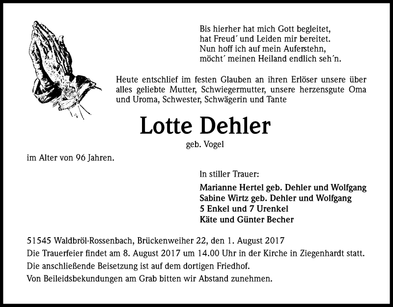  Traueranzeige für Lotte Dehler vom 05.08.2017 aus Kölner Stadt-Anzeiger / Kölnische Rundschau / Express