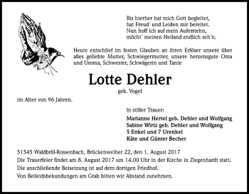 Anzeige von Lotte Dehler von Kölner Stadt-Anzeiger / Kölnische Rundschau / Express
