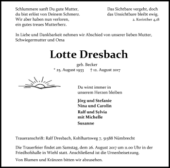 Anzeige von Lotte Dresbach von Kölner Stadt-Anzeiger / Kölnische Rundschau / Express