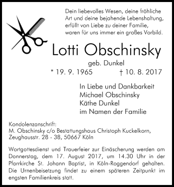 Anzeige von Lotti Obschinsky von Kölner Stadt-Anzeiger / Kölnische Rundschau / Express