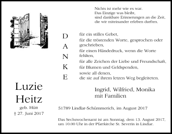 Anzeige von Luzie Heitz von Kölner Stadt-Anzeiger / Kölnische Rundschau / Express