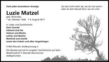 Anzeige von Luzie Matzel von Kölner Stadt-Anzeiger / Kölnische Rundschau / Express