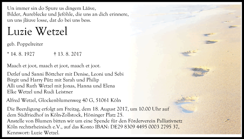  Traueranzeige für Luzie Wetzel vom 16.08.2017 aus Kölner Stadt-Anzeiger / Kölnische Rundschau / Express