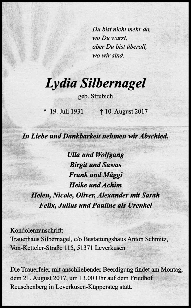  Traueranzeige für Lydia Silbernagel vom 17.08.2017 aus Kölner Stadt-Anzeiger / Kölnische Rundschau / Express