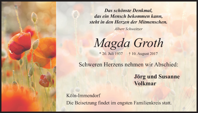  Traueranzeige für Magda Groth vom 16.08.2017 aus  Kölner Wochenspiegel  Schlossbote/Werbekurier 