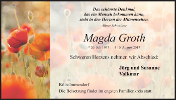 Anzeige von Magda Groth von  Kölner Wochenspiegel  Schlossbote/Werbekurier 