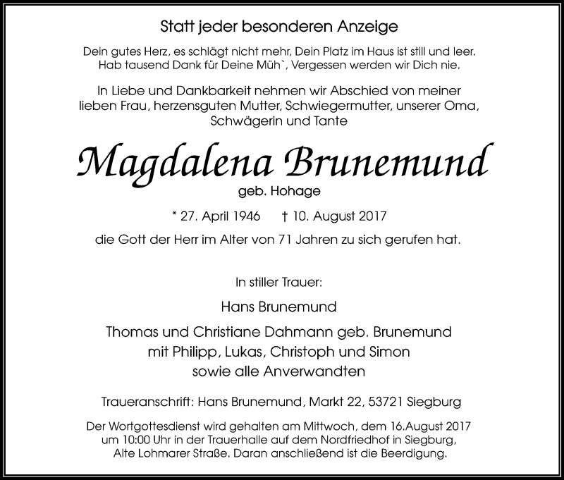  Traueranzeige für Magdalena Brunemund vom 12.08.2017 aus Kölner Stadt-Anzeiger / Kölnische Rundschau / Express
