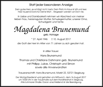 Anzeige von Magdalena Brunemund von Kölner Stadt-Anzeiger / Kölnische Rundschau / Express