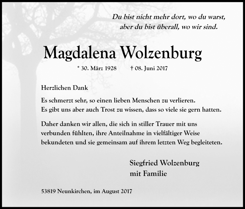  Traueranzeige für Magdalena Wolzenburg vom 12.08.2017 aus Kölner Stadt-Anzeiger / Kölnische Rundschau / Express