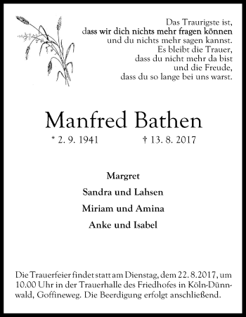 Anzeige von Manfred Bathen von Kölner Stadt-Anzeiger / Kölnische Rundschau / Express