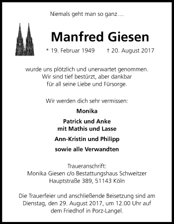 Anzeige von Manfred Giesen von Kölner Stadt-Anzeiger / Kölnische Rundschau / Express