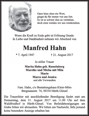 Anzeige von Manfred Hahn von  Wochenende 