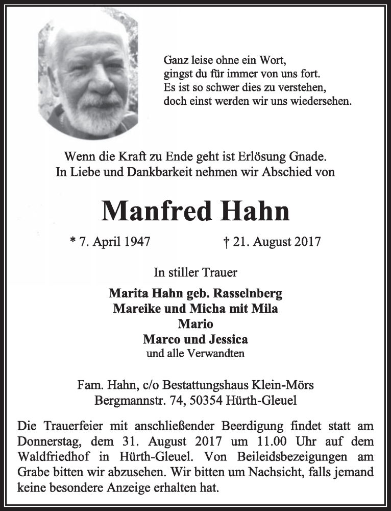  Traueranzeige für Manfred Hahn vom 30.08.2017 aus  Wochenende 