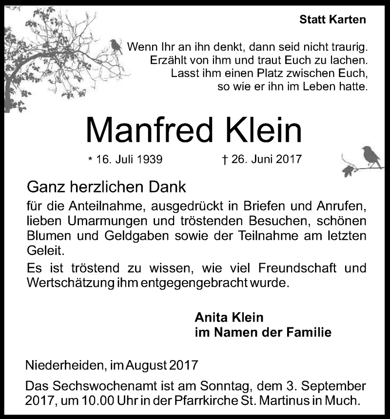  Traueranzeige für Manfred Klein vom 19.08.2017 aus Kölner Stadt-Anzeiger / Kölnische Rundschau / Express
