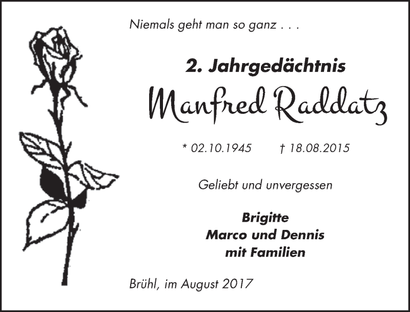  Traueranzeige für Manfred Raddatz vom 16.08.2017 aus  Schlossbote/Werbekurier 