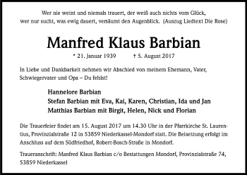 Anzeige von Manfred Klaus Barbian von Kölner Stadt-Anzeiger / Kölnische Rundschau / Express
