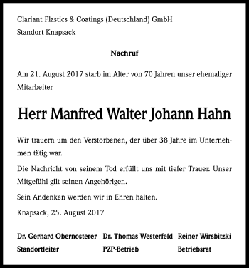 Anzeige von Manfred Walter Johann Hahn von Kölner Stadt-Anzeiger / Kölnische Rundschau / Express