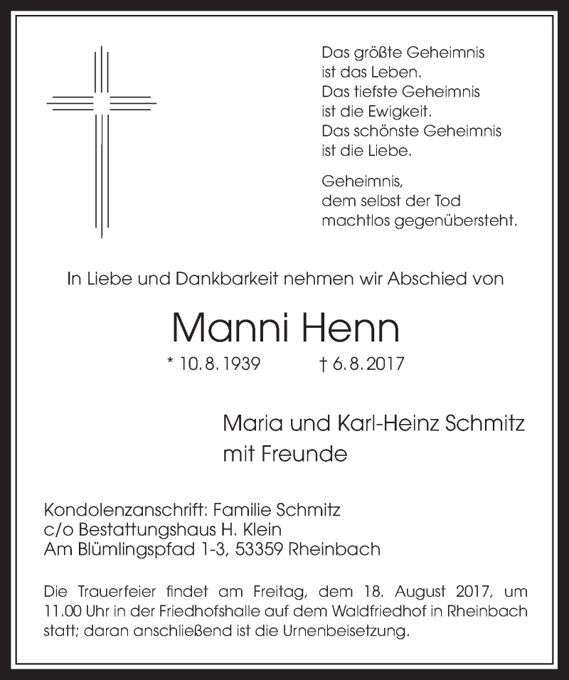  Traueranzeige für Manni Henn vom 16.08.2017 aus  Schaufenster/Blickpunkt 