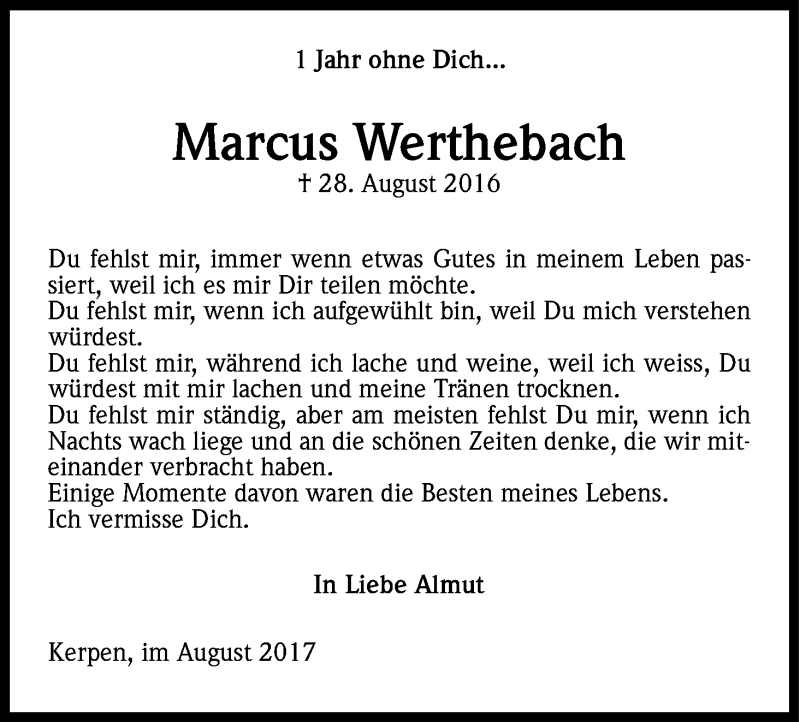  Traueranzeige für Marcus Werthebach vom 26.08.2017 aus Kölner Stadt-Anzeiger / Kölnische Rundschau / Express