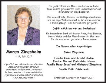 Anzeige von Marga Zingsheim von  Werbepost 
