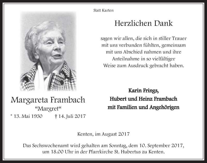  Traueranzeige für Margareta Frambach vom 23.08.2017 aus  Werbepost 