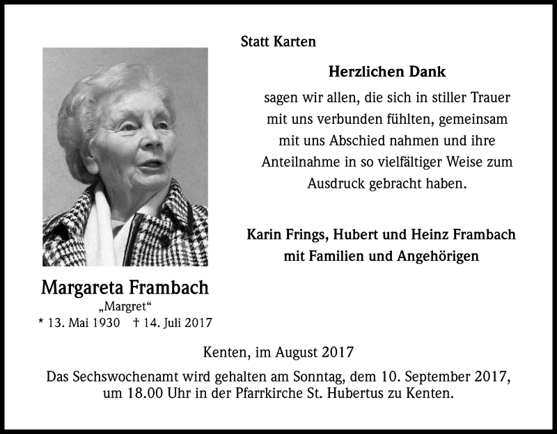 Traueranzeige für Margareta Frambach vom 26.08.2017 aus Kölner Stadt-Anzeiger / Kölnische Rundschau / Express