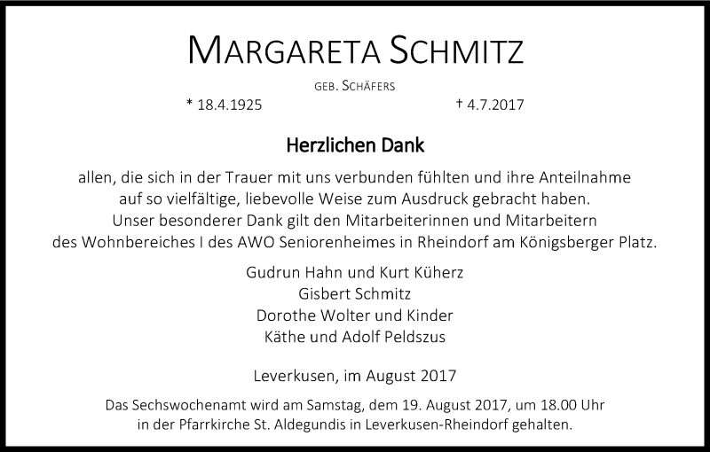  Traueranzeige für Margareta Schmitz vom 05.08.2017 aus Kölner Stadt-Anzeiger / Kölnische Rundschau / Express