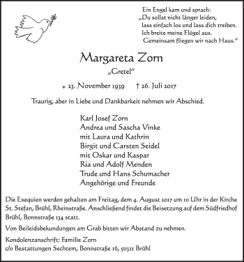 Anzeige von Margareta Zorn von  Schlossbote/Werbekurier 