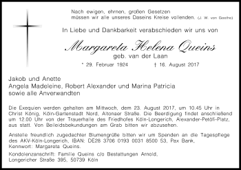 Anzeige von Margareta Helena Queins von Kölner Stadt-Anzeiger / Kölnische Rundschau / Express
