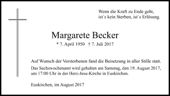 Anzeige von Margarete Becker von Kölner Stadt-Anzeiger / Kölnische Rundschau / Express