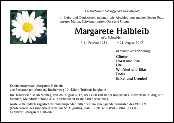 Anzeige von Margarete Halbleib von Kölner Stadt-Anzeiger / Kölnische Rundschau / Express