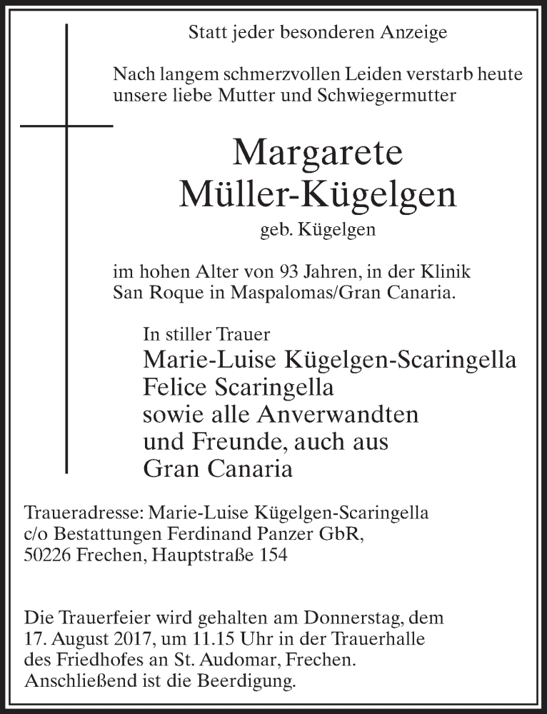  Traueranzeige für Margarete Müller-Kügelgen vom 12.08.2017 aus  Sonntags-Post 