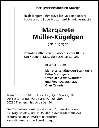 Anzeige von Margarete Müller-Kügelgen von Kölner Stadt-Anzeiger / Kölnische Rundschau / Express